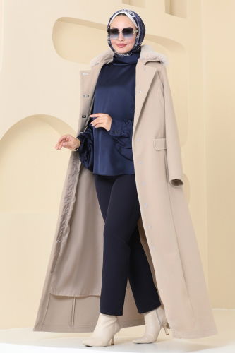 moda selvim Coat 1121OZT1013 Stone - Thumbnail