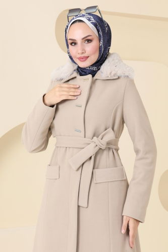 moda selvim Coat 1121OZT1013 Stone - Thumbnail