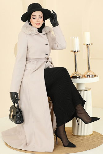 moda selvim Coat 1121OZT1013 Stone - Thumbnail