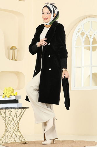 moda selvim Coat 1183OZT1013 Black - Thumbnail