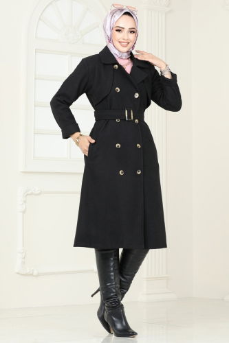 moda selvim Coat 2054BG354 Black - Thumbnail