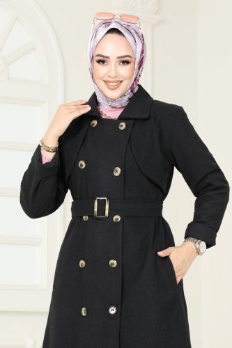 moda selvim Coat 2054BG354 Black - Thumbnail