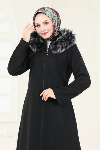 moda selvim Coat 2058BG354 Black - Thumbnail