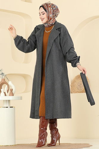 moda selvim معطف رمادي غامق 2059ERK1158 - Thumbnail