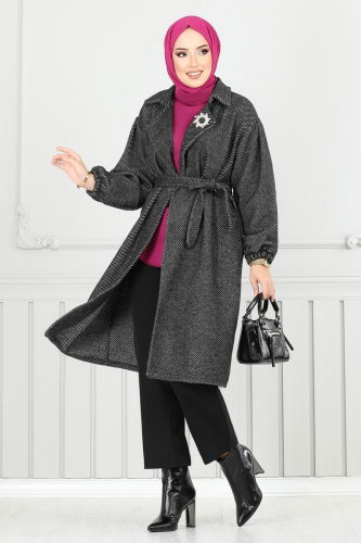 moda selvim Coat 211EVO1066 Pattern 1 Black - Thumbnail