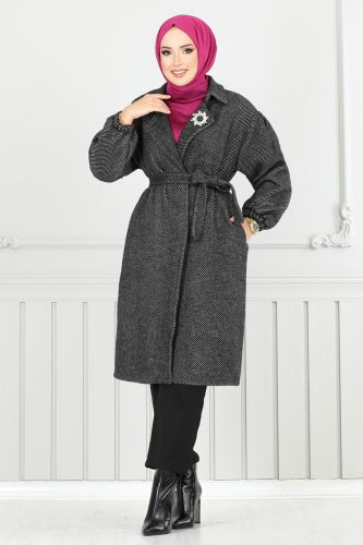 moda selvim Coat 211EVO1066 Pattern 1 Black - Thumbnail