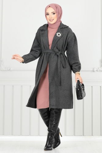 moda selvim Coat 211EVO1066 Pattern 2 Anthracite - Thumbnail