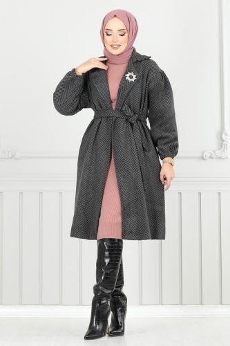 moda selvim Coat 211EVO1066 Pattern 2 Anthracite - Thumbnail