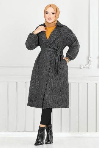 moda selvim Coat 211EVO1066 Pattern 2 Black - Thumbnail