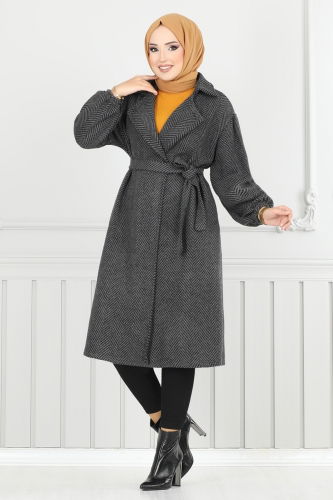 moda selvim Coat 211EVO1066 Pattern 2 Black - Thumbnail