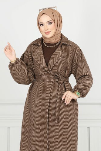 moda selvim Coat 211EVO1066 Pattern 2 Brown & Vision - Thumbnail