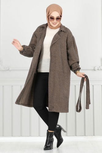 moda selvim Coat 211EVO1066 Pattern 2 Latte - Thumbnail