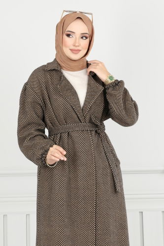 moda selvim Coat 211EVO1066 Pattern 2 Latte - Thumbnail