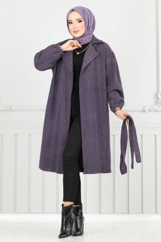 moda selvim Coat 211EVO1066 Pattern2 Dark Lilac - Thumbnail