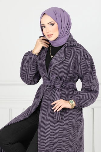 moda selvim Coat 211EVO1066 Pattern2 Dark Lilac - Thumbnail