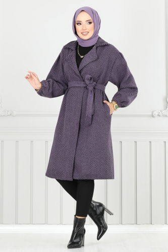 moda selvim Coat 211EVO1066 Pattern2 Dark Lilac - Thumbnail