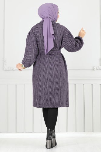 moda selvim Coat 211EVO1066 Pattern2 Dark Lilac - Thumbnail