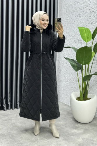 moda selvim Coat 3034DFL152 Black - Thumbnail