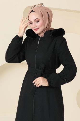 moda selvim Coat 3064DFL152 Black - Thumbnail