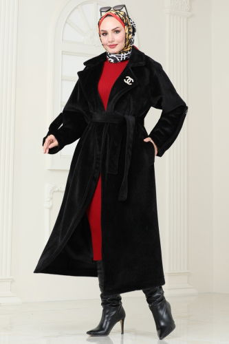 moda selvim Coat 3076DFL152 Black - Thumbnail