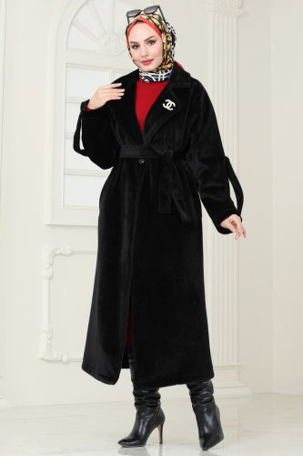 moda selvim Coat 3076DFL152 Black - Thumbnail