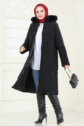 moda selvim Coat 3082DFL152 Black - Thumbnail