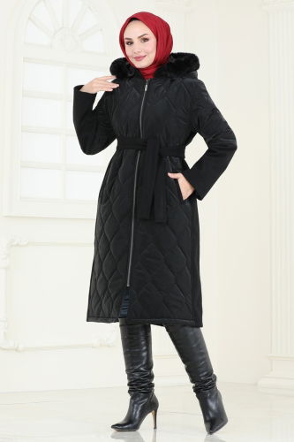 moda selvim Coat 3082DFL152 Black - Thumbnail