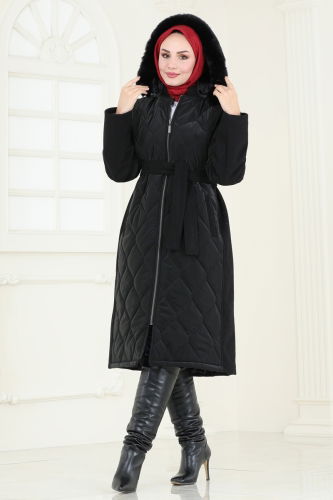 moda selvim Coat 3082DFL152 Black - Thumbnail