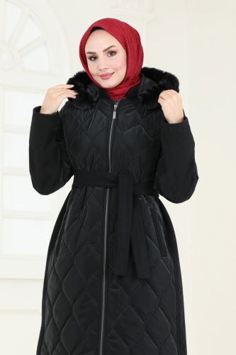 moda selvim Coat 3082DFL152 Black - Thumbnail