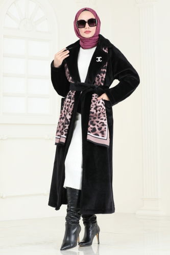 moda selvim Coat 3084DFL152 Black - Thumbnail