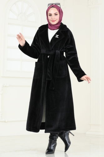 moda selvim Coat 3084DFL152 Black - Thumbnail