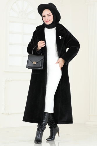 moda selvim Coat 3084DFL152 Black - Thumbnail