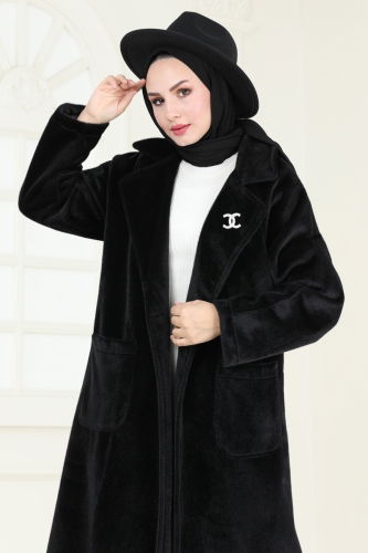 moda selvim Coat 3084DFL152 Black - Thumbnail