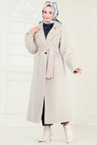 moda selvim Coat 3084DFL152 Stone - Thumbnail