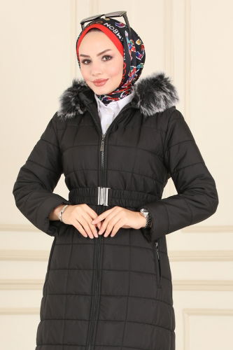 moda selvim Coat 3907HN218 Black - Thumbnail