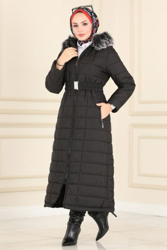 moda selvim Coat 3907HN218 Black - Thumbnail