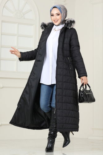 moda selvim Coat 3907HN218 Black - Thumbnail