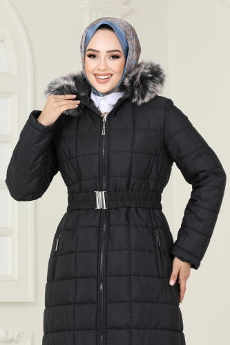 moda selvim Coat 3907HN218 Black - Thumbnail