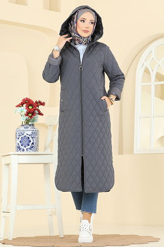 moda selvim معطف رمادي غامق 4009HN394 - Thumbnail