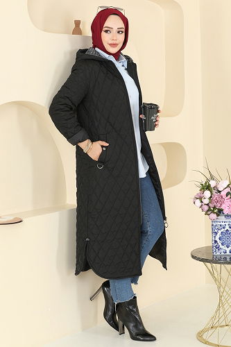 moda selvim Coat 4009HN394 Black - Thumbnail