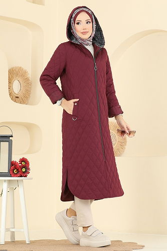 moda selvim Coat 4009HN394 Burgundy - Thumbnail
