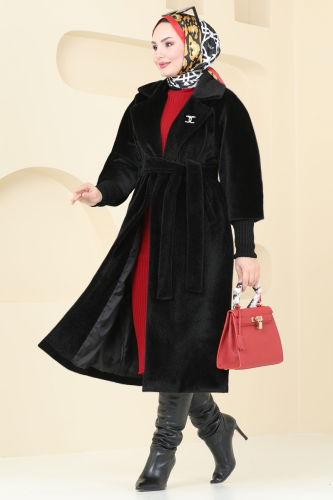 moda selvim Coat 4405AL357 Black - Thumbnail