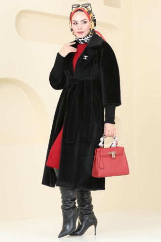 moda selvim Coat 4405AL357 Black - Thumbnail