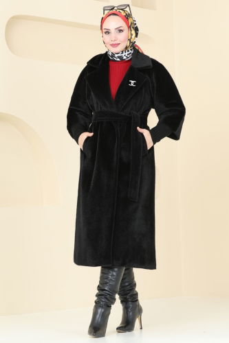 moda selvim Coat 4405AL357 Black - Thumbnail