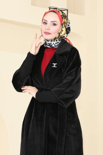 moda selvim Coat 4405AL357 Black - Thumbnail