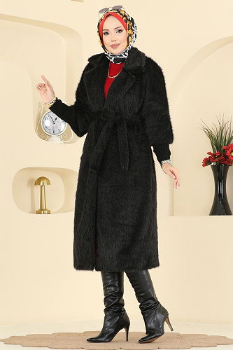 moda selvim Coat 4405AL357 Black - Thumbnail