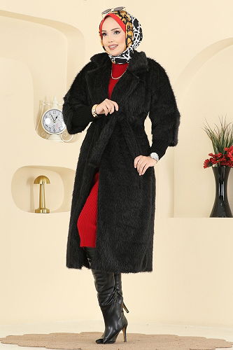 moda selvim Coat 4405AL357 Black - Thumbnail