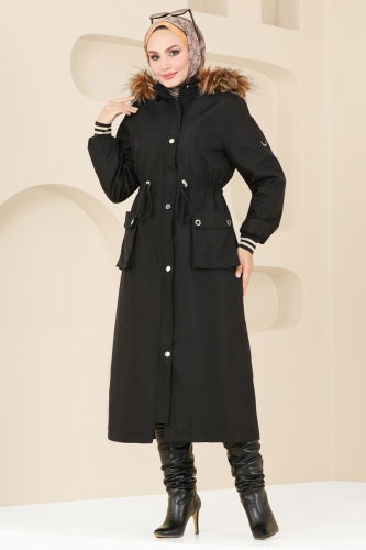 moda selvim Coat 4628MDH809 Black - Thumbnail