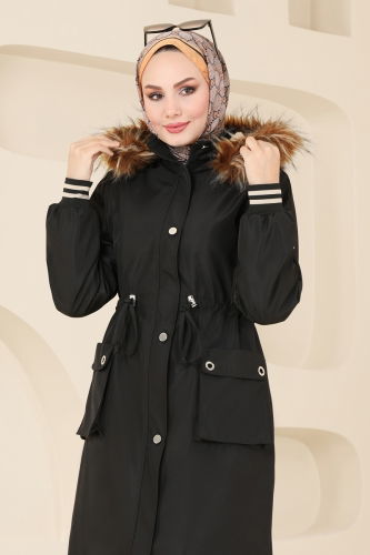 moda selvim Coat 4628MDH809 Black - Thumbnail