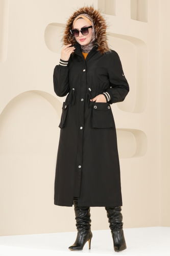 moda selvim Coat 4628MDH809 Black - Thumbnail